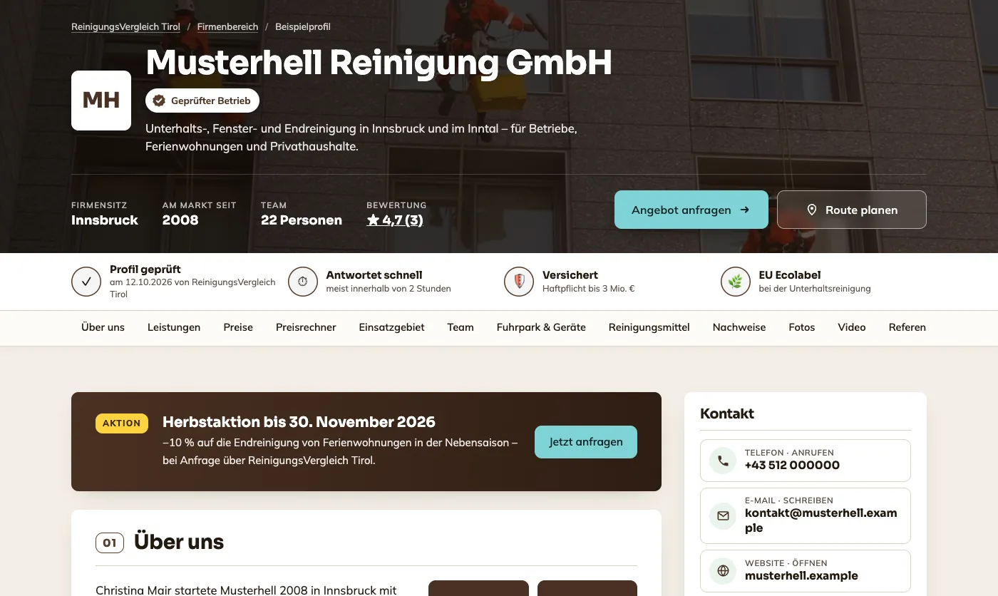 Beispielprofil am Computer: Kopf mit Siegel, Vertrauensleiste, Aktion und Kontakt