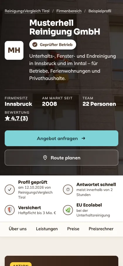 Firmenprofil auf dem Handy mit Siegel „Geprüfter Betrieb“
